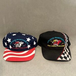 Lot of 2 Vintage Auto Race Promotions Dual Demolition Derby Snapback Hats Nissin